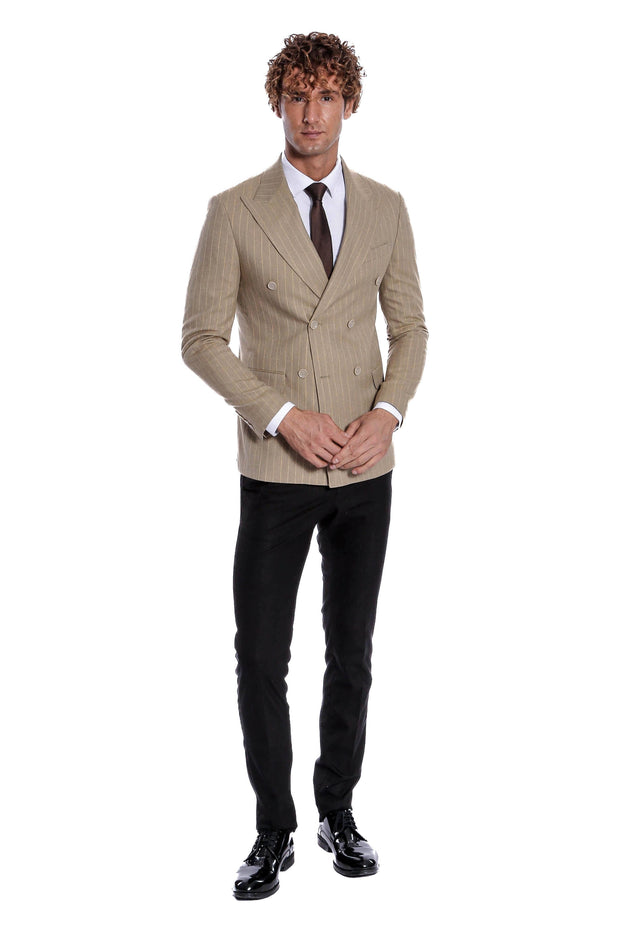 Striped Double Breasted Cream Men Blazer - Wessi