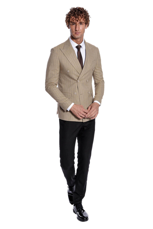 Striped Double Breasted Cream Men Blazer - Wessi