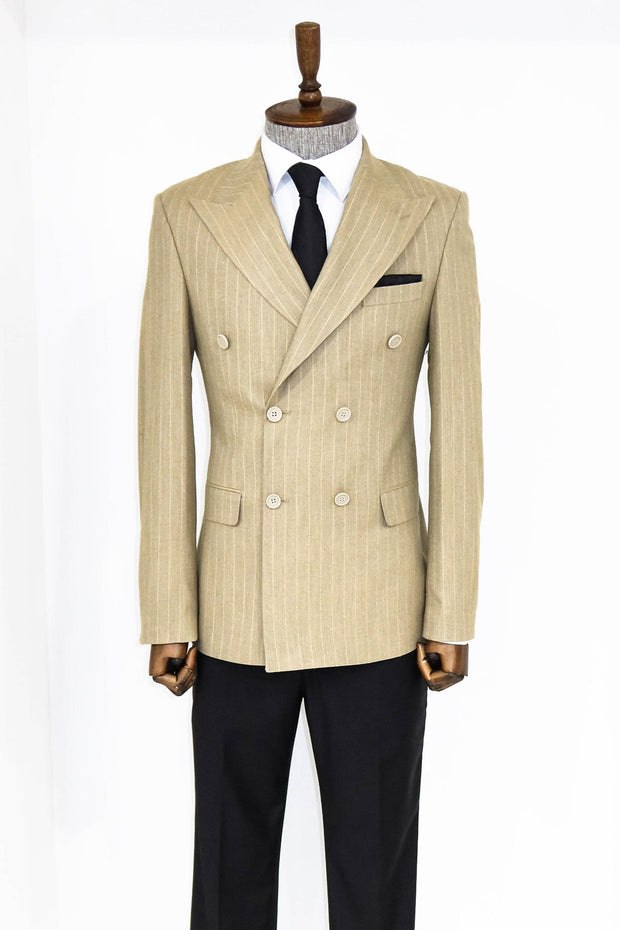 Striped Double Breasted Cream Men Blazer - Wessi