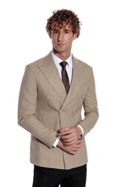 Striped Double Breasted Cream Men Blazer - Wessi