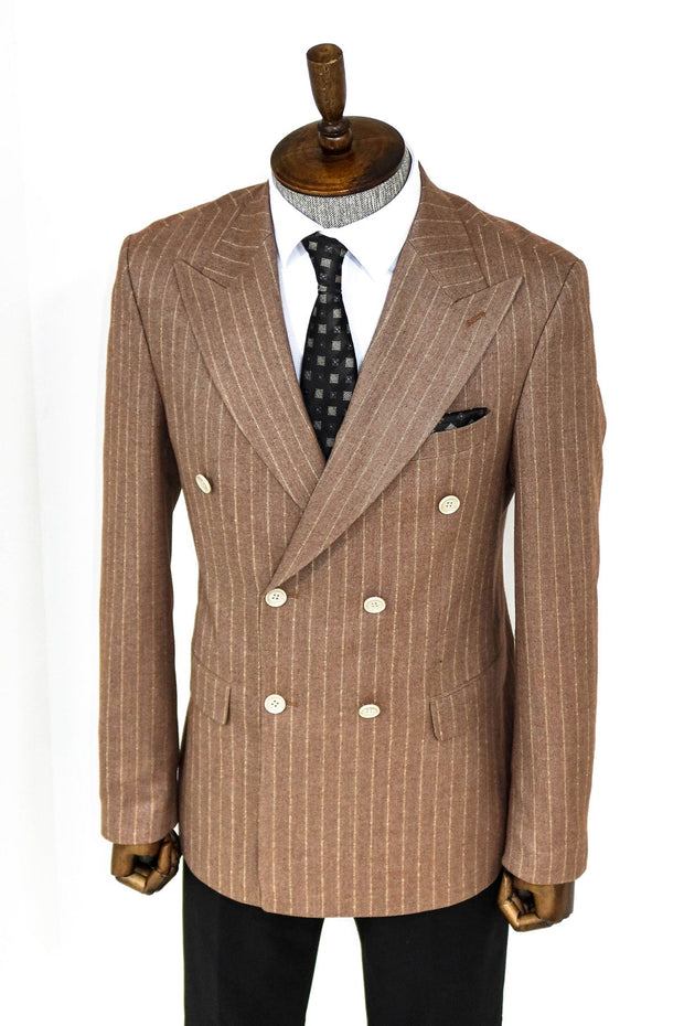 Striped Double Breasted Beige Men Blazer - Wessi