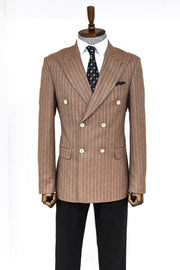 Striped Double Breasted Beige Men Blazer - Wessi