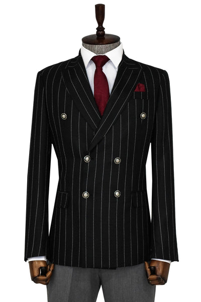 Double Breasted Slim Fit Striped Black Men Blazer - Wessi