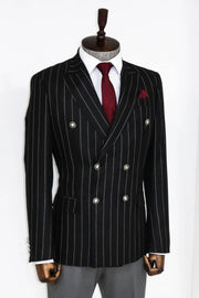 Double Breasted Slim Fit Striped Black Men Blazer - Wessi