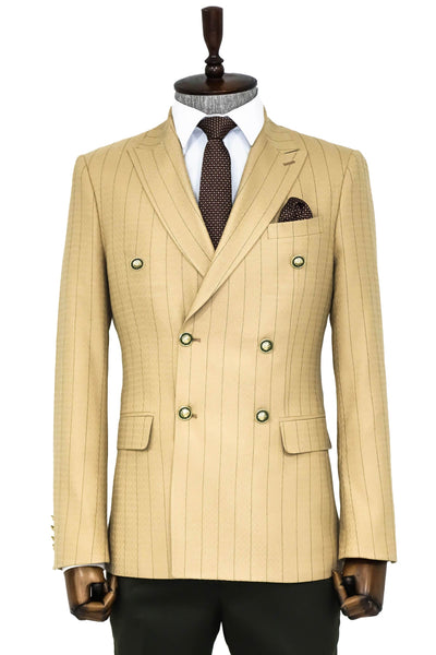 Double Breasted Slim Fit Striped Cream Men Blazer - Wessi