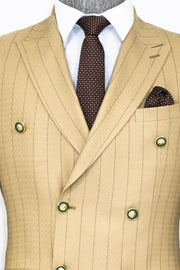 Double Breasted Slim Fit Striped Cream Men Blazer - Wessi