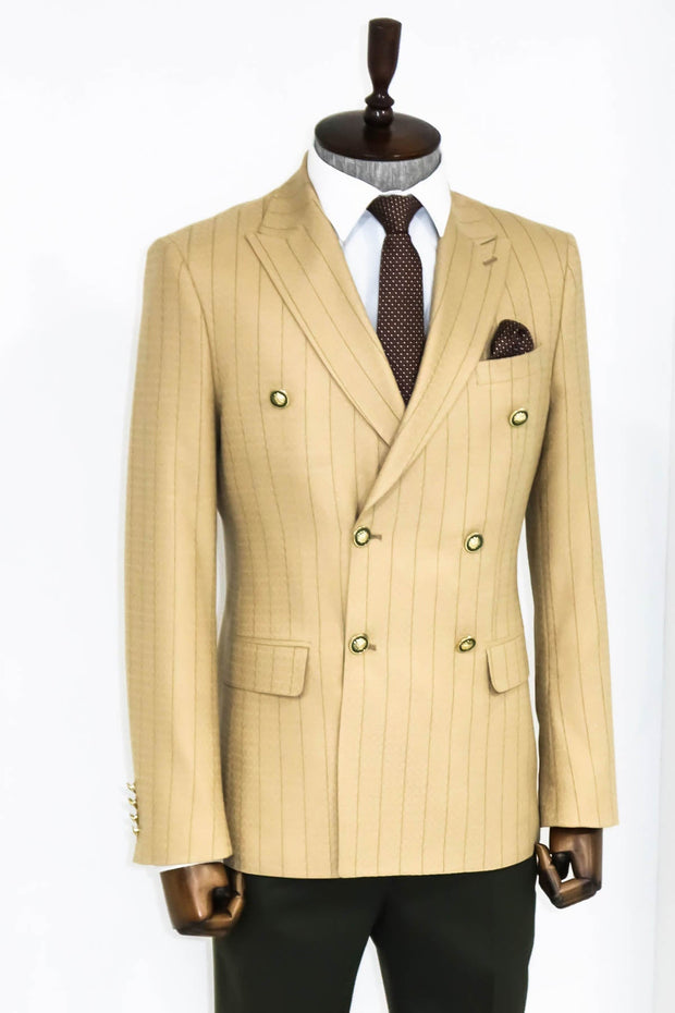 Double Breasted Slim Fit Striped Cream Men Blazer - Wessi