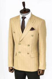 Double Breasted Slim Fit Striped Cream Men Blazer - Wessi