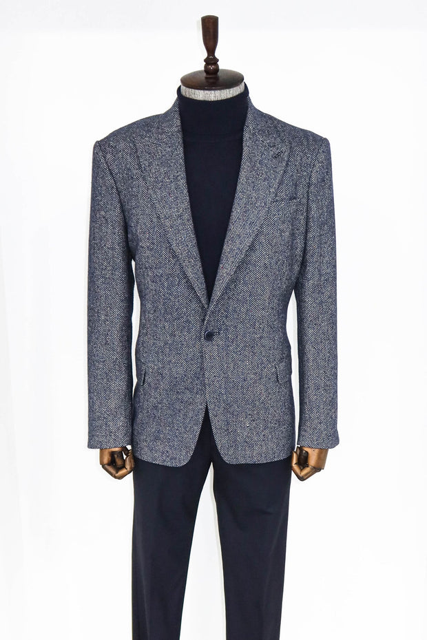 Houndstooth Pattern Wool Blue Men Blazer - Wessi