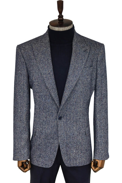 Houndstooth Pattern Wool Blue Men Blazer - Wessi