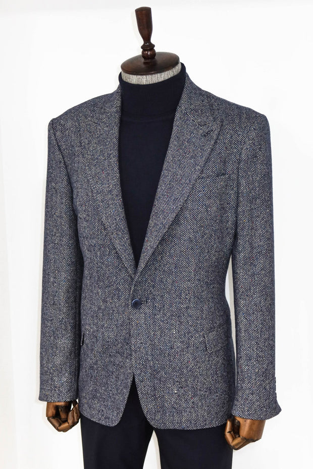 Houndstooth Pattern Wool Blue Men Blazer - Wessi