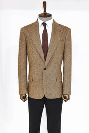 Houndstooth Pattern Wool Light Brown Men Blazer - Wessi