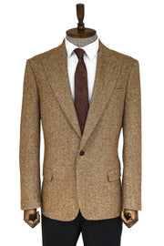 Houndstooth Pattern Wool Light Brown Men Blazer - Wessi