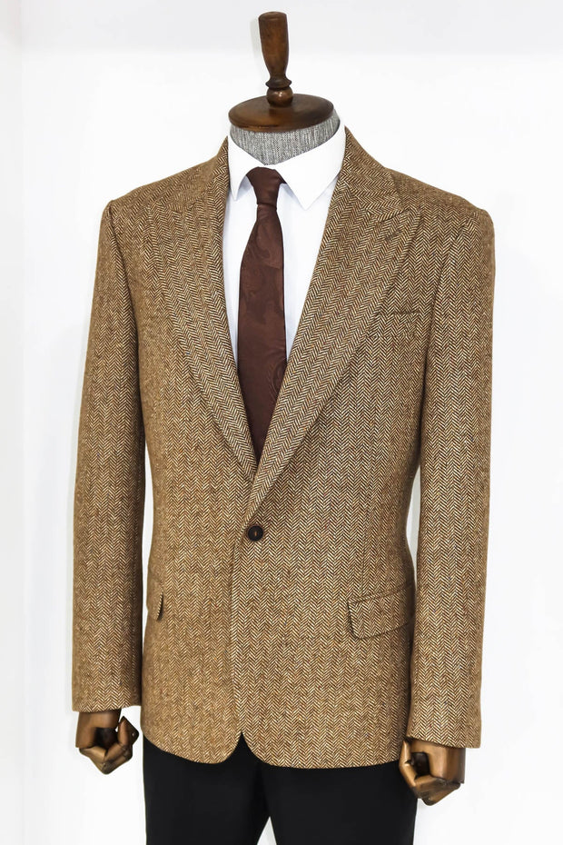 Houndstooth Pattern Wool Light Brown Men Blazer - Wessi