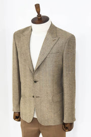 Houndstooth Pattern Wool Cream Men Blazer - Wessi