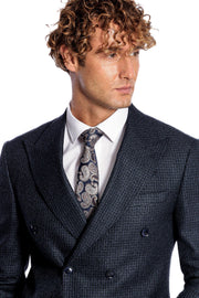 Houndstooth Patterned Navy Blue Men Double Breasted Blazer - Wessi