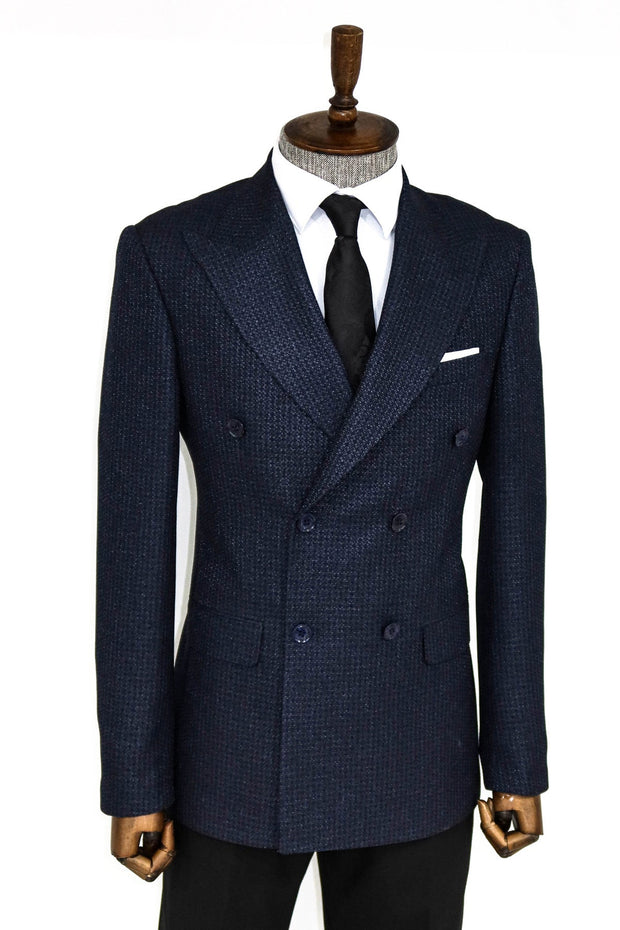 Houndstooth Patterned Navy Blue Men Double Breasted Blazer - Wessi