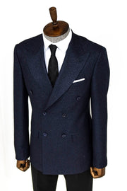 Houndstooth Patterned Navy Blue Men Double Breasted Blazer - Wessi