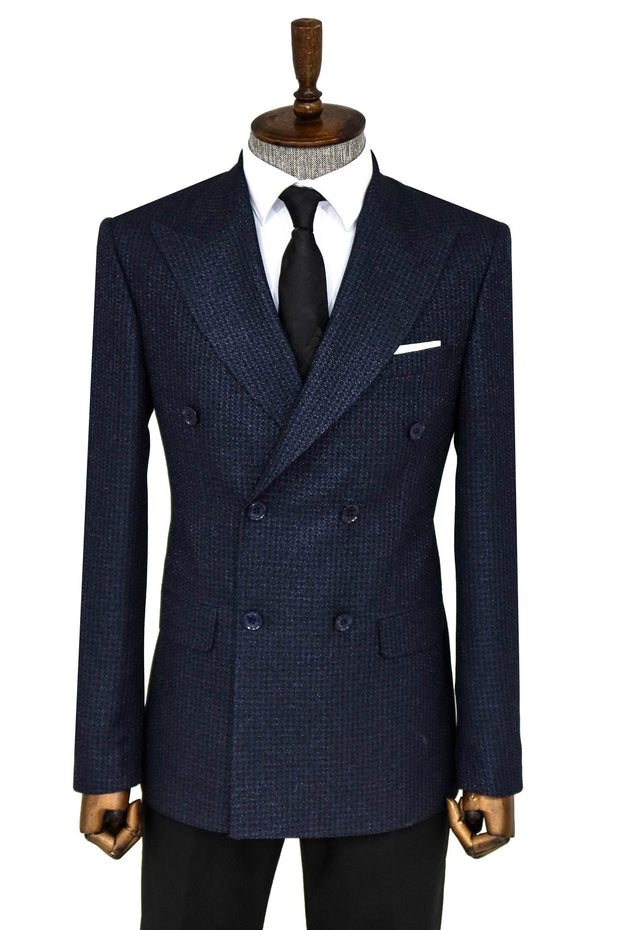 Houndstooth Patterned Navy Blue Men Double Breasted Blazer - Wessi