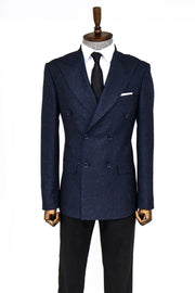 Houndstooth Patterned Navy Blue Men Double Breasted Blazer - Wessi