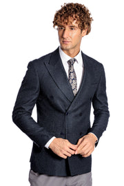 Houndstooth Patterned Navy Blue Men Double Breasted Blazer - Wessi