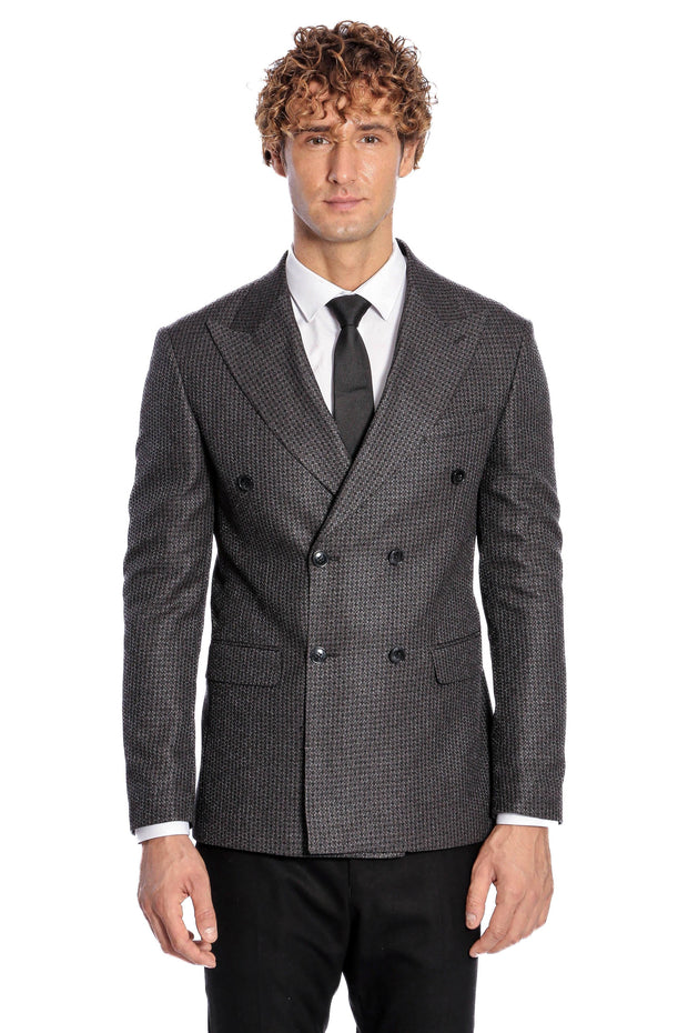 Houndstooth Patterned Grey Men Double Breasted Blazer - Wessi