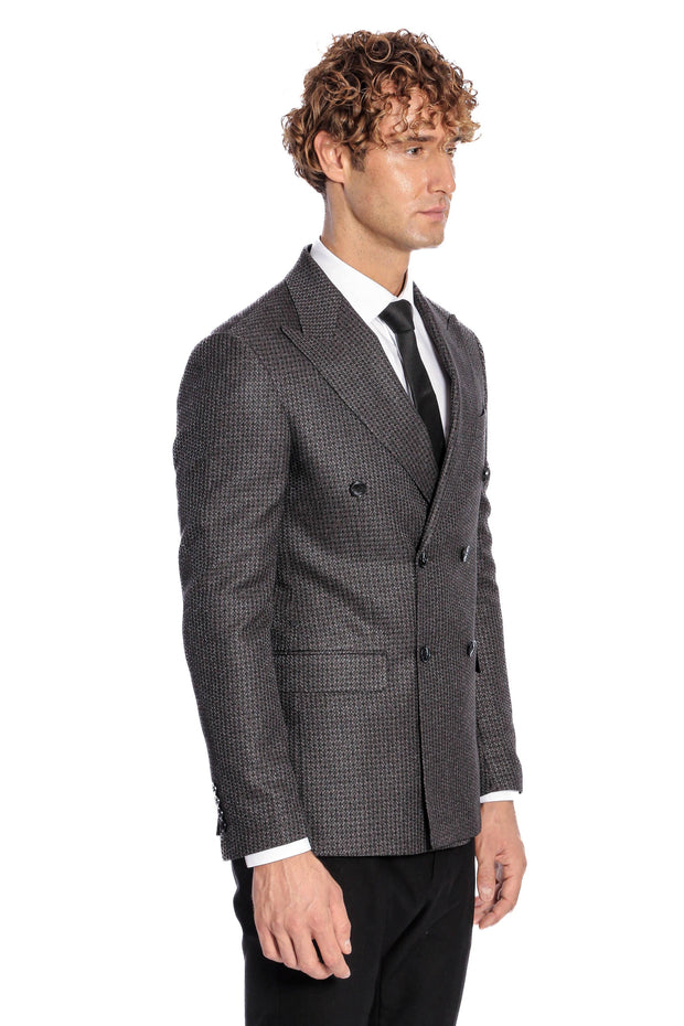 Houndstooth Patterned Grey Men Double Breasted Blazer - Wessi