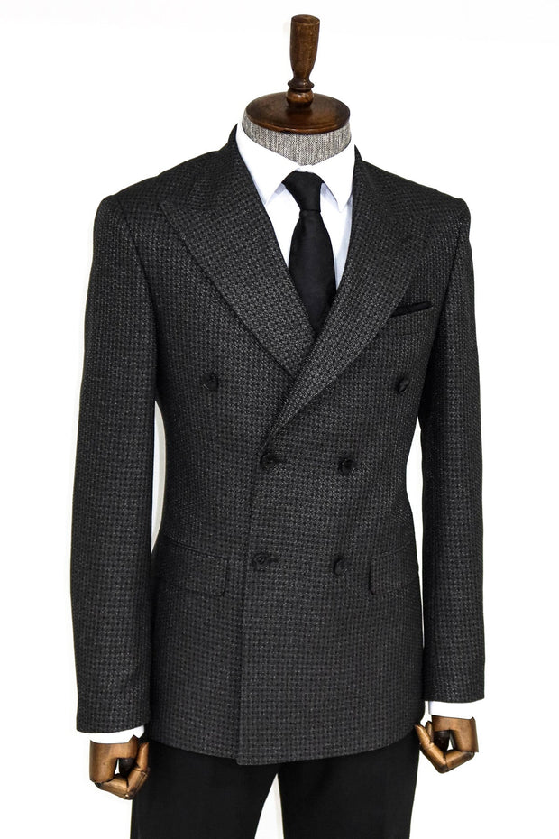 Houndstooth Patterned Grey Men Double Breasted Blazer - Wessi