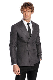 Houndstooth Patterned Grey Men Double Breasted Blazer - Wessi