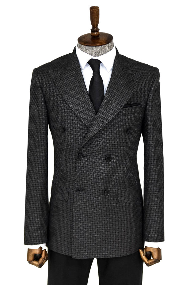 Houndstooth Patterned Grey Men Double Breasted Blazer - Wessi