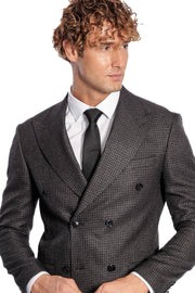 Houndstooth Patterned Grey Men Double Breasted Blazer - Wessi