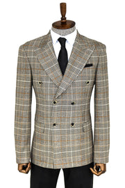 Double Breasted Checked Grey Men Blazer - Wessi