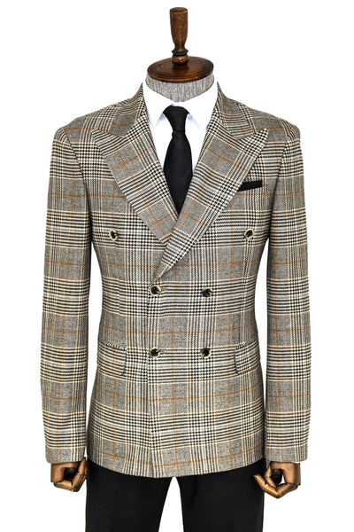 Double Breasted Checked Grey Men Blazer - Wessi