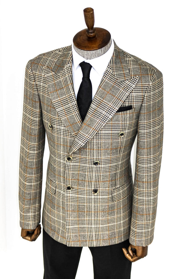 Double Breasted Checked Grey Men Blazer - Wessi