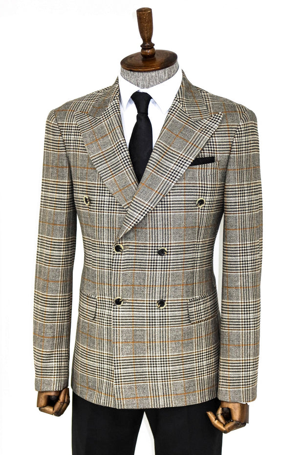 Double Breasted Checked Grey Men Blazer - Wessi