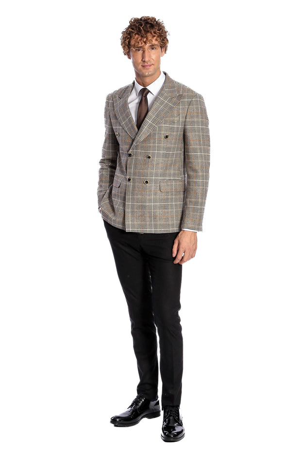 Double Breasted Checked Grey Men Blazer - Wessi