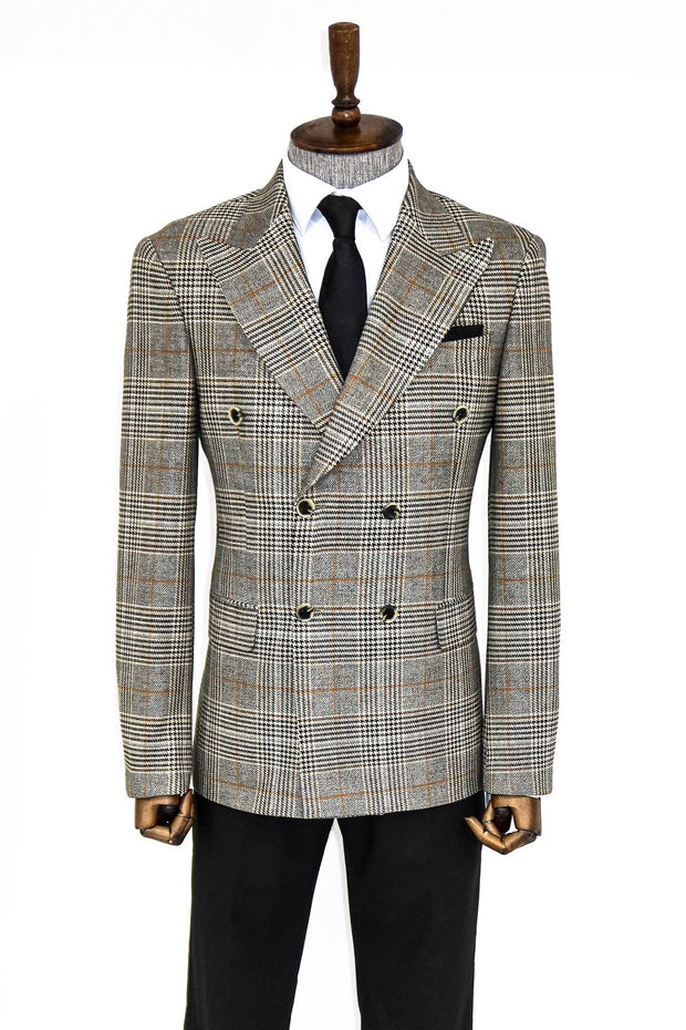 Double Breasted Checked Grey Men Blazer - Wessi