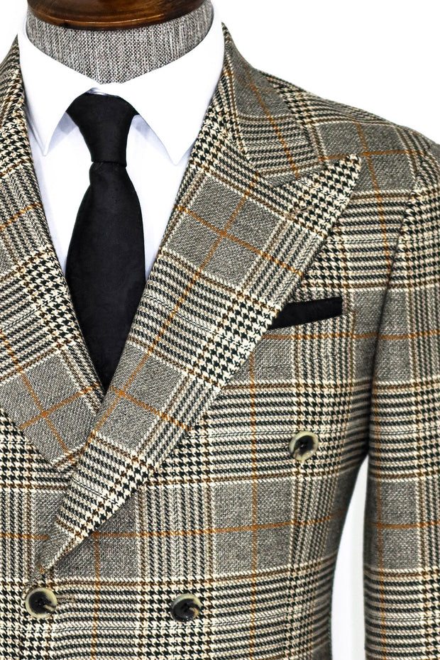 Double Breasted Checked Grey Men Blazer - Wessi