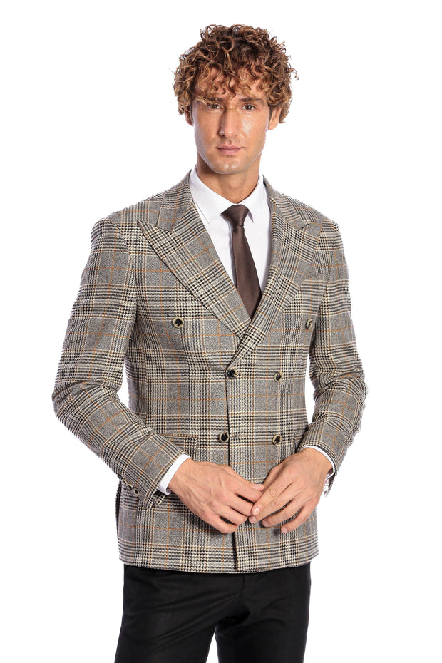 Double Breasted Checked Grey Men Blazer - Wessi