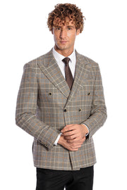 Double Breasted Checked Grey Men Blazer - Wessi