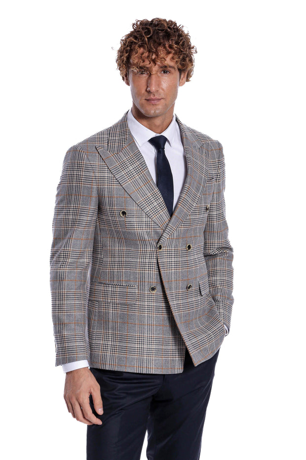 Double Breasted Checked Anthracite Men Blazer - Wessi