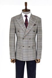 Double Breasted Checked Anthracite Men Blazer - Wessi