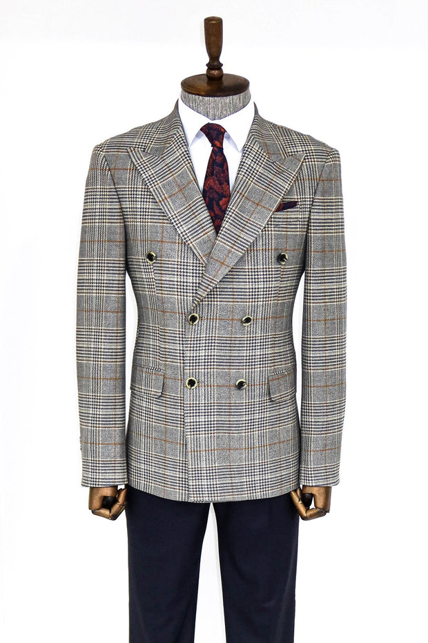 Double Breasted Checked Anthracite Men Blazer - Wessi