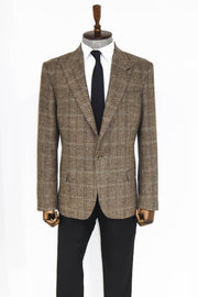 Herringbone Slim Fit Wool Brown Men Blazer - Wessi