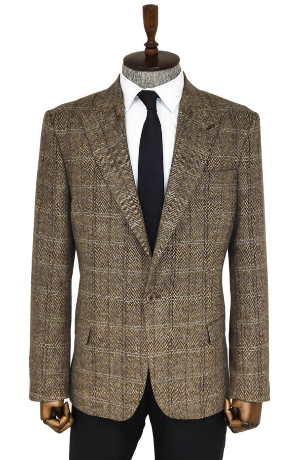 Herringbone Slim Fit Wool Brown Men Blazer - Wessi