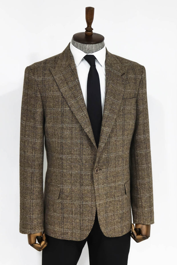 Herringbone Slim Fit Wool Brown Men Blazer - Wessi