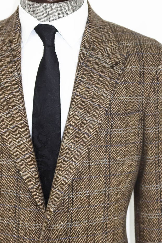 Herringbone Slim Fit Wool Brown Men Blazer - Wessi