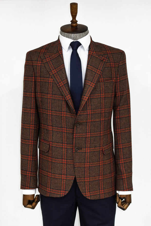 Checked Wool Brown Men Blazer - Wessi