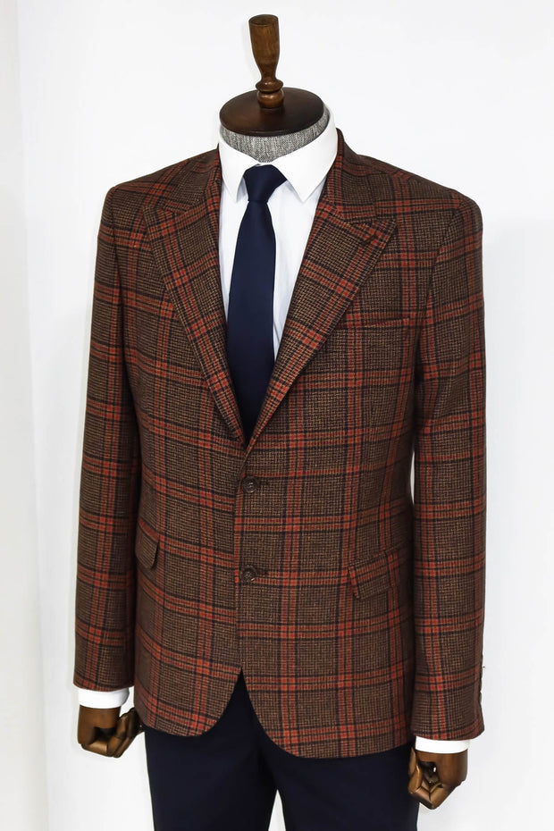 Checked Wool Brown Men Blazer - Wessi