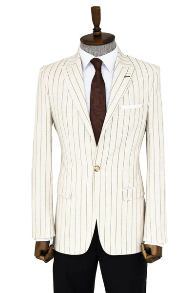 Striped Peak Lapel Beige Sport Jacket - Wessi